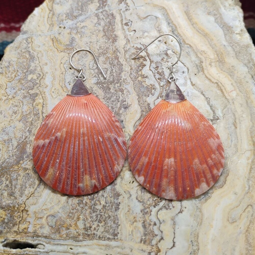 Sterling Silver & Authentic Real Orange Scallop Shell Seashell Dangle Earrings